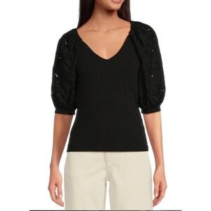 A Loves A Black Top Crochet Puff Sleeves V Neck Blouse Womens Size‎ M